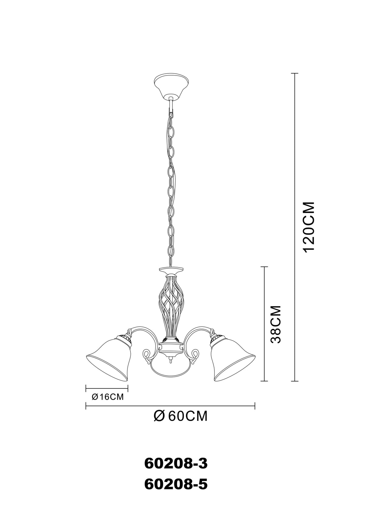 Schéma de dimensions du luminaire avec hauteur totale, diamètre et largeur des abat-jours.