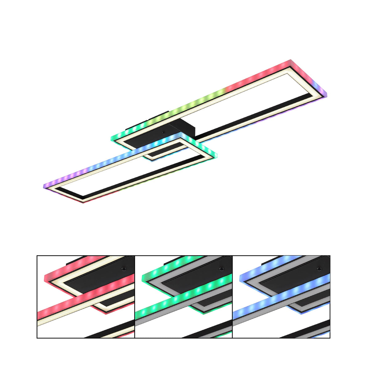 Vue du luminaire en couleurs RVB avec trois détails rapprochés rouge, vert et bleu