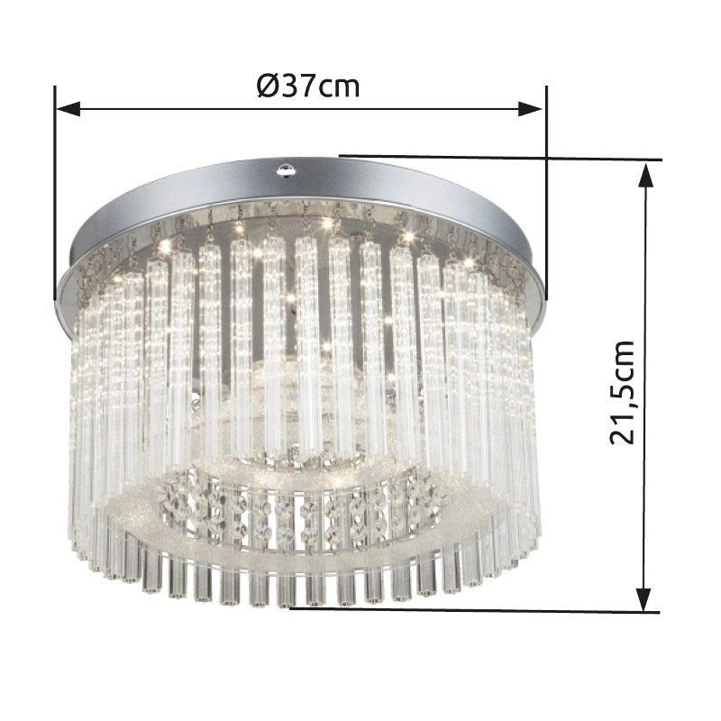 Photo cotée du plafonnier indiquant le diamètre de 37 cm et la hauteur.