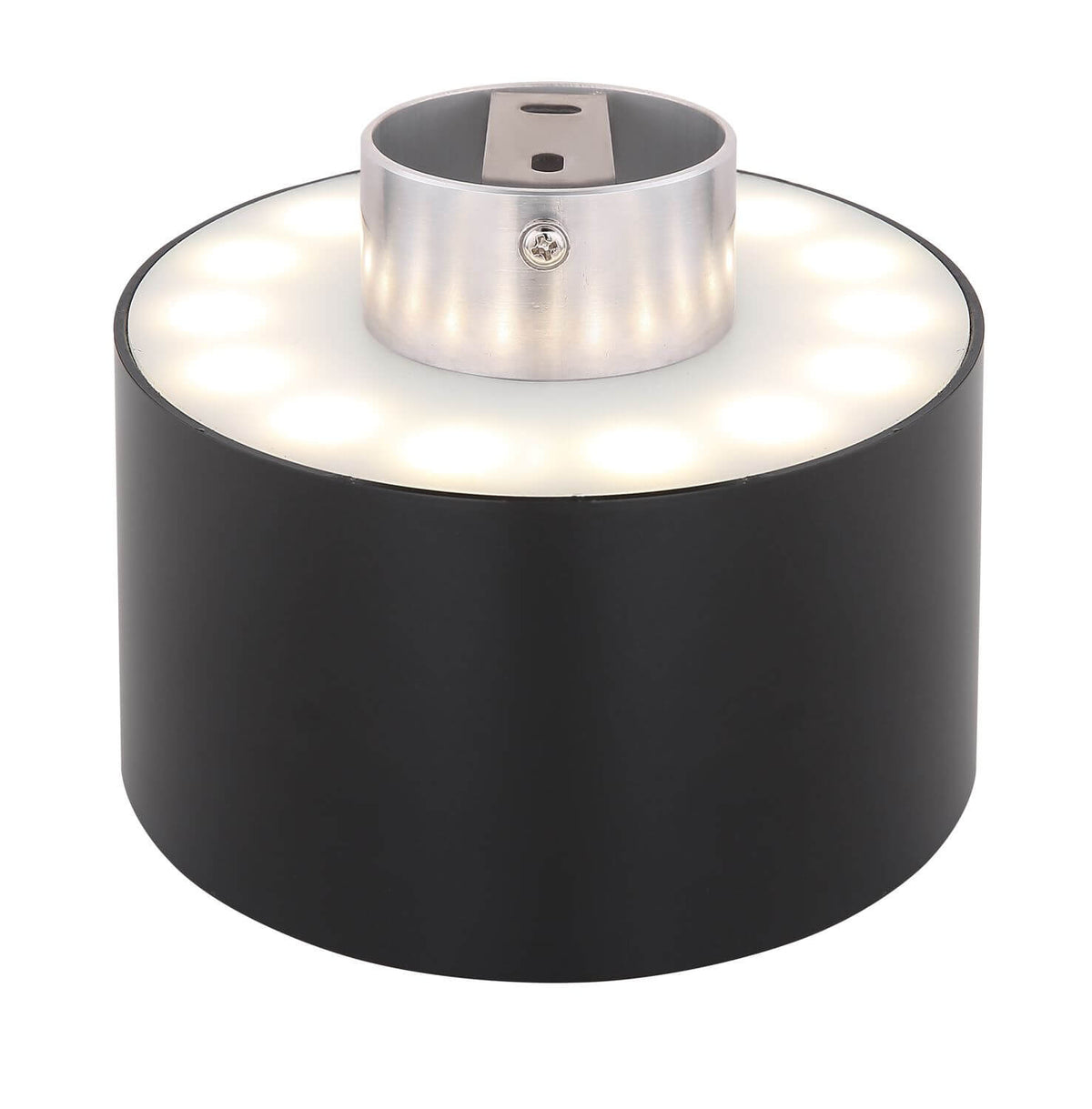 Détail du dessous montrant la couronne de LED et la fixation en aluminium brossé
