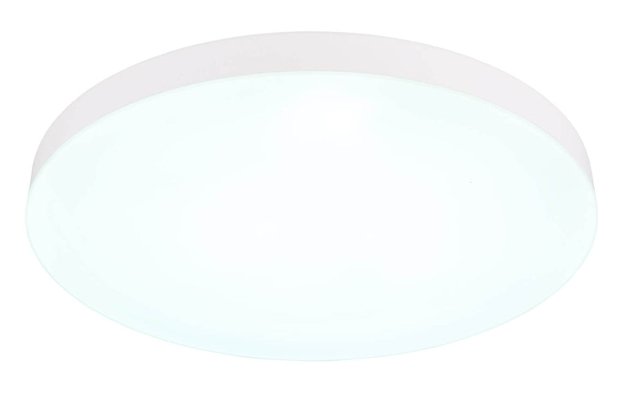 Plafonnier allumé en blanc froid, diffuseur opale uniformément éclairé