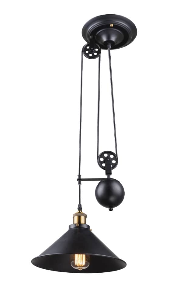 Vue rapprochée du système de poulie et du contrepoids sphérique noir sous le pavillon.
