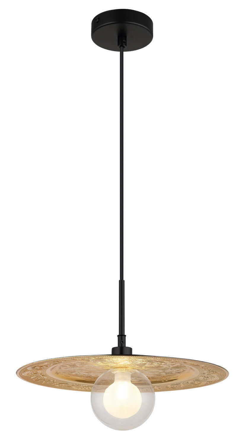 Deuxième vue de face de la suspension noire mate, abat-jour rond et ampoule globe
