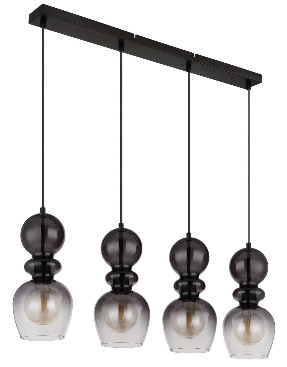 Produit éteint sur fond blanc, quatre globes fumés suspendus à une barre