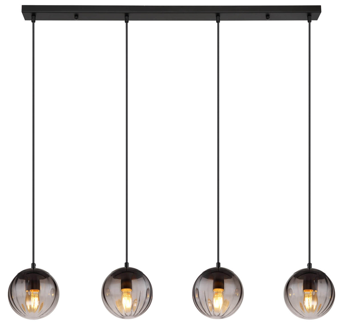Produit de face, les quatre globes fumés suspendus à égale distance sur la barre