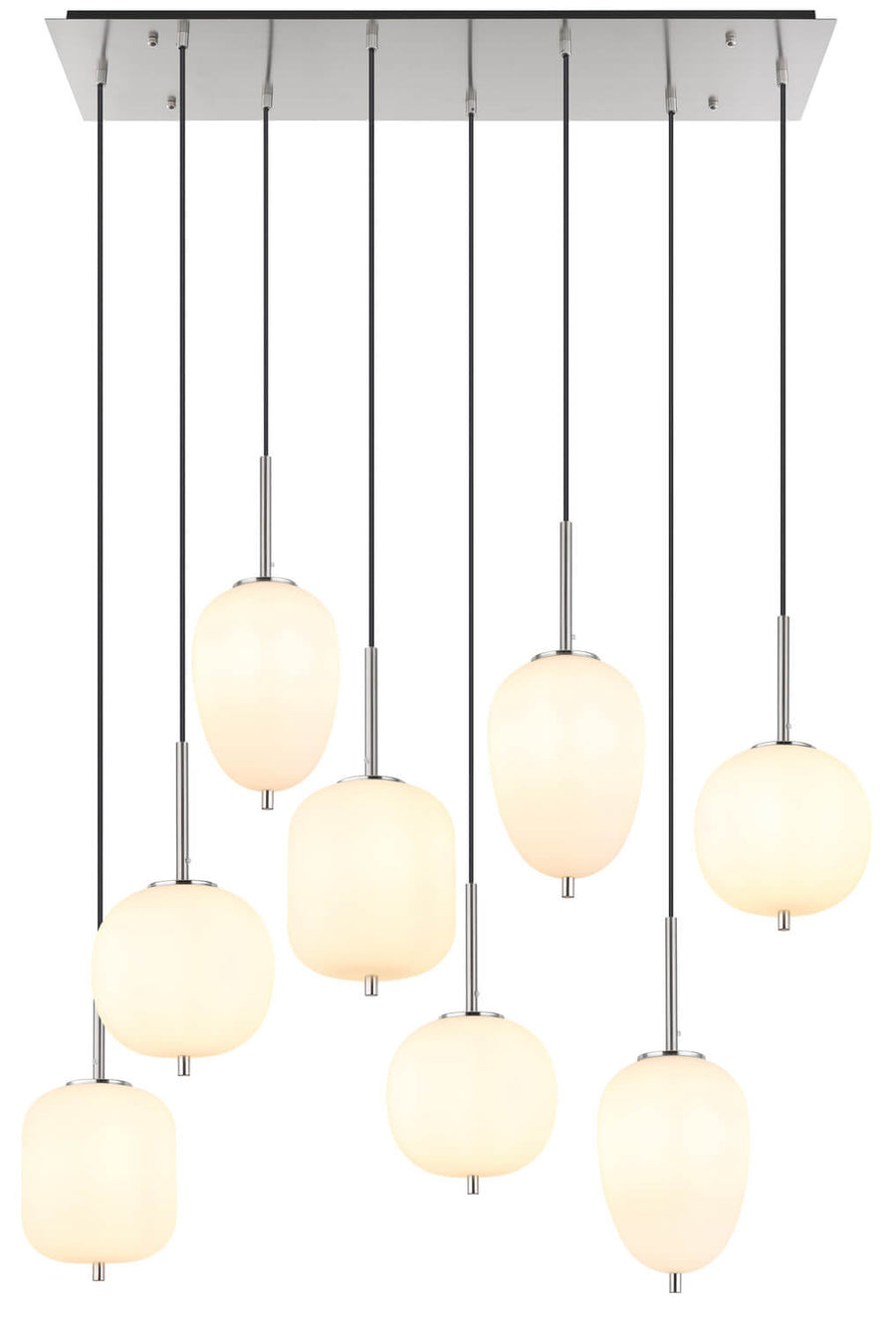 Vue de face du luminaire allumé, huit globes ovales et ronds bien alignés