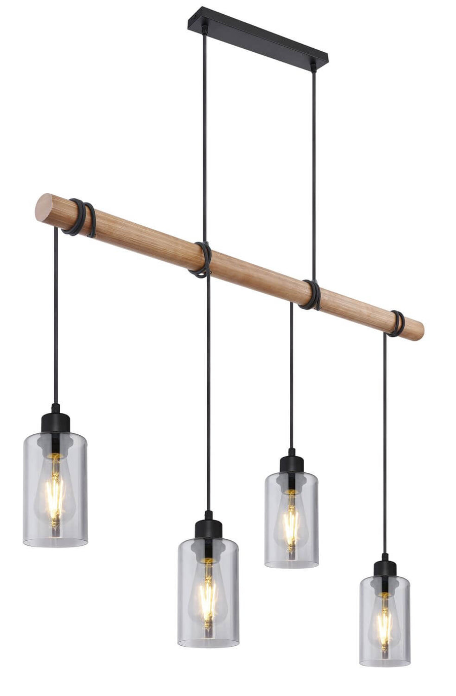 Vue en angle de la suspension, poutre en bois, cordons noirs et verres cylindriques.