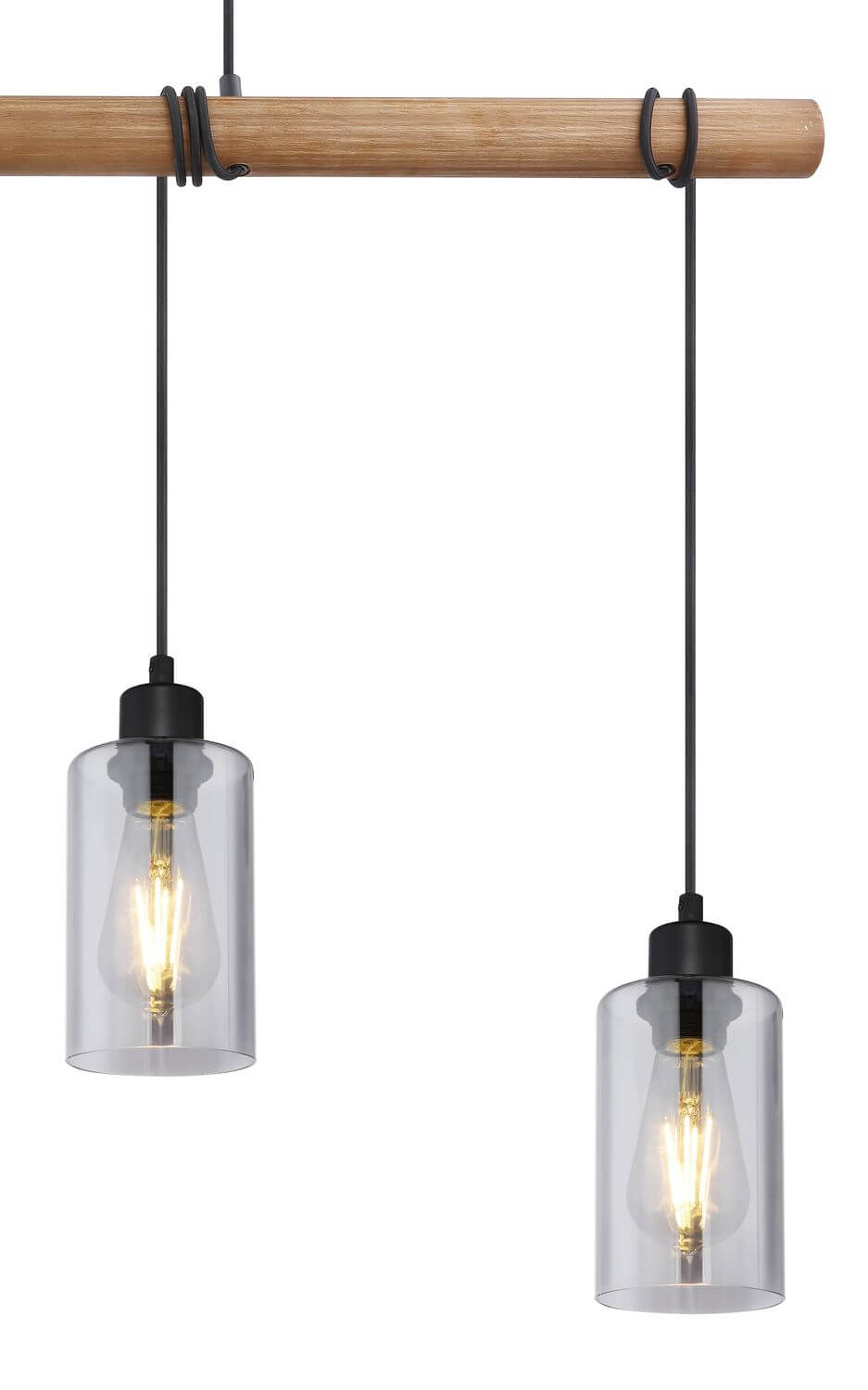 Détail de la poutre en bois et des attaches noires avec deux suspensions en verre.