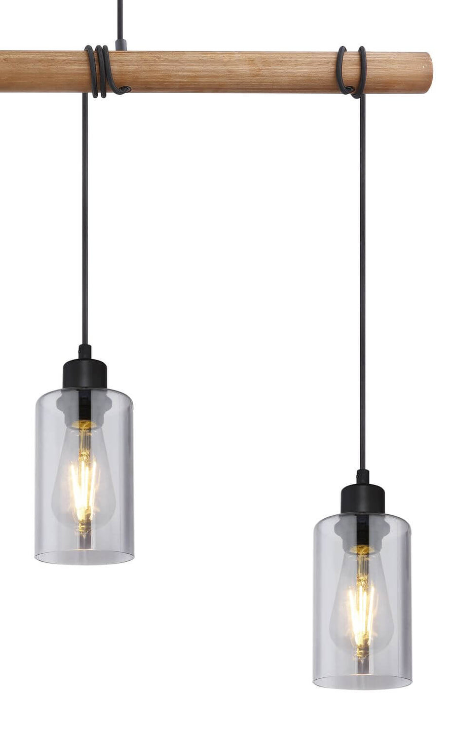Détail de la poutre en bois et des attaches noires avec deux suspensions en verre.