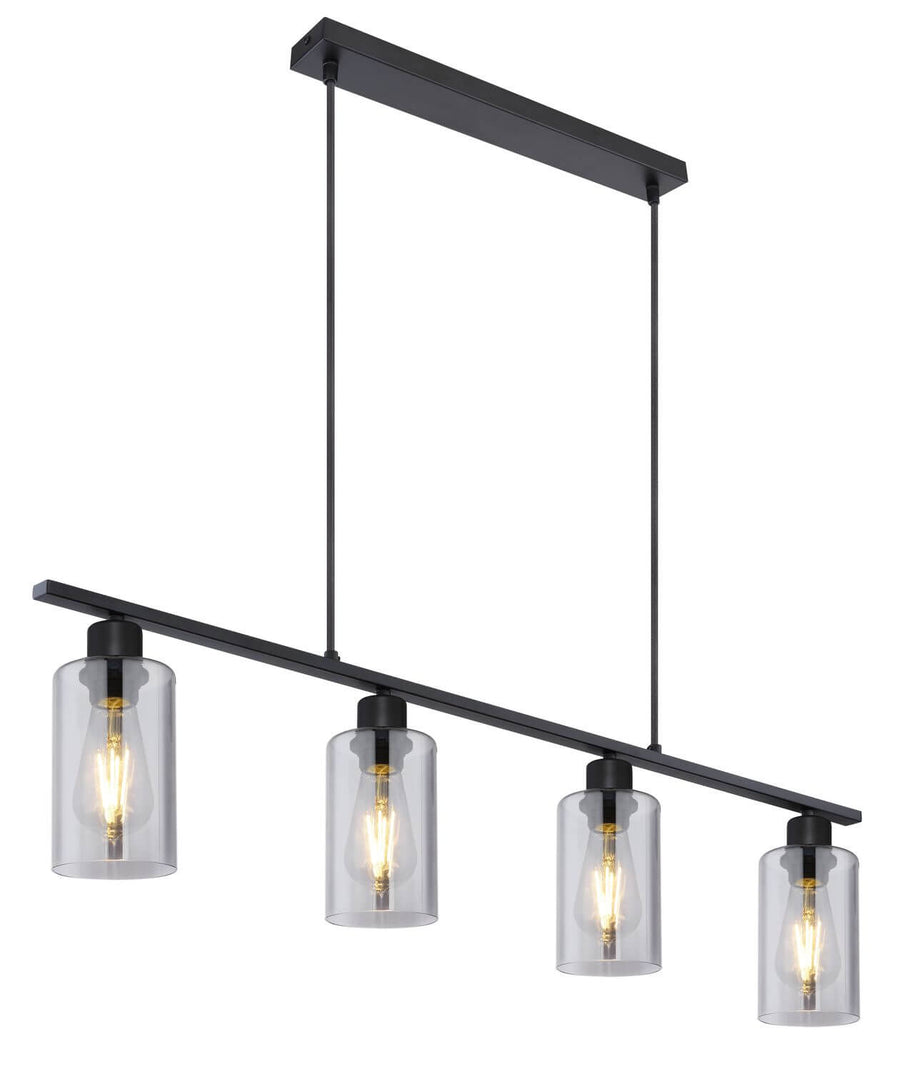 Variante noire mate de la suspension linéaire avec quatre luminaires cylindriques en verre transparent.