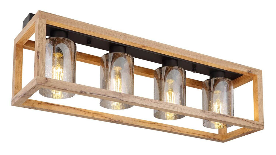 Vue en plongée du luminaire montrant le cadre en bois et les verres bullés