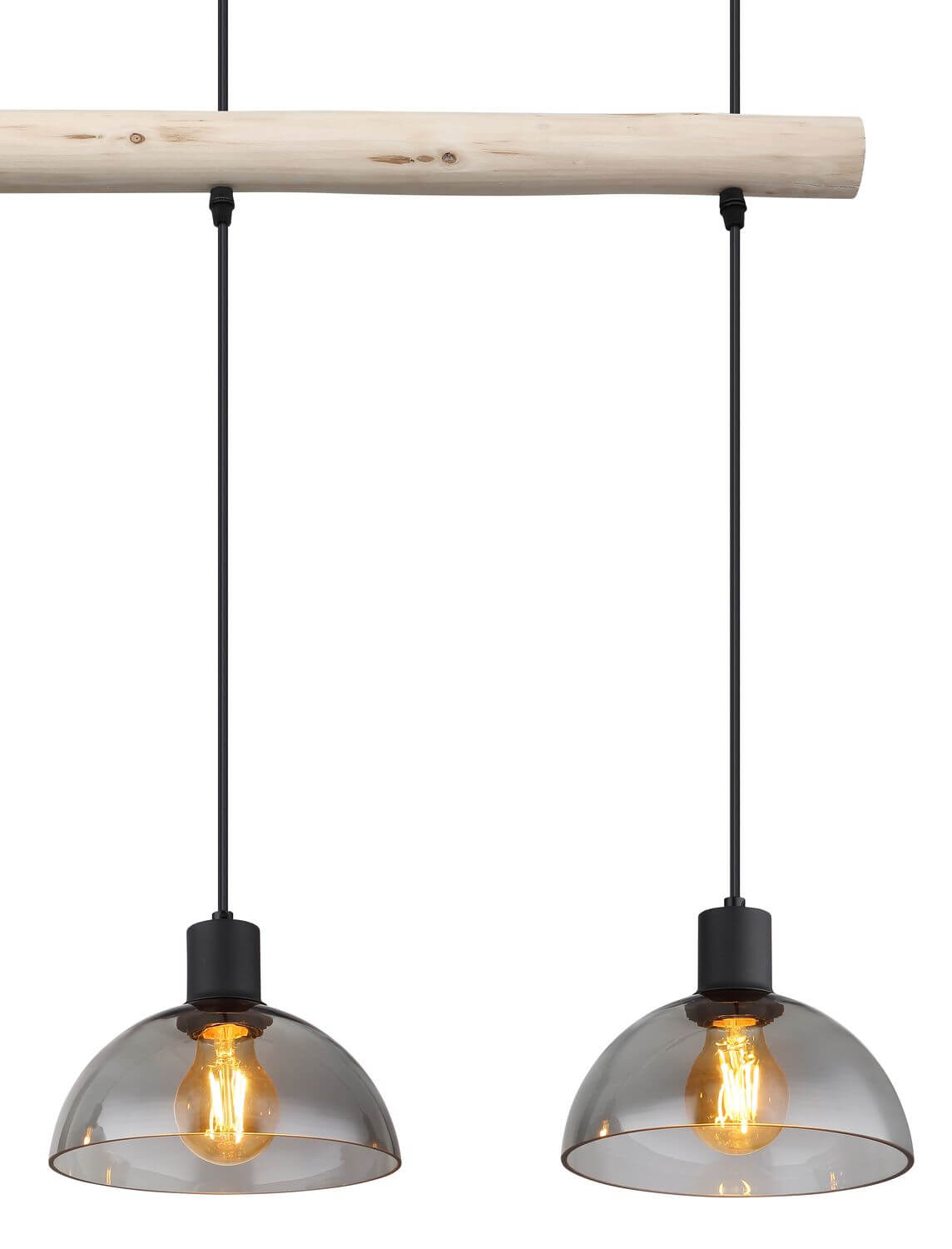 Détail de la traverse en bois brut et de deux abat-jours suspendus