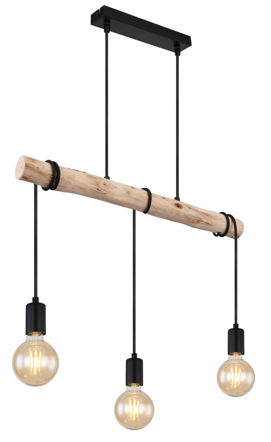 Version bois clair du luminaire à cordons noirs, vue de face sur fond blanc