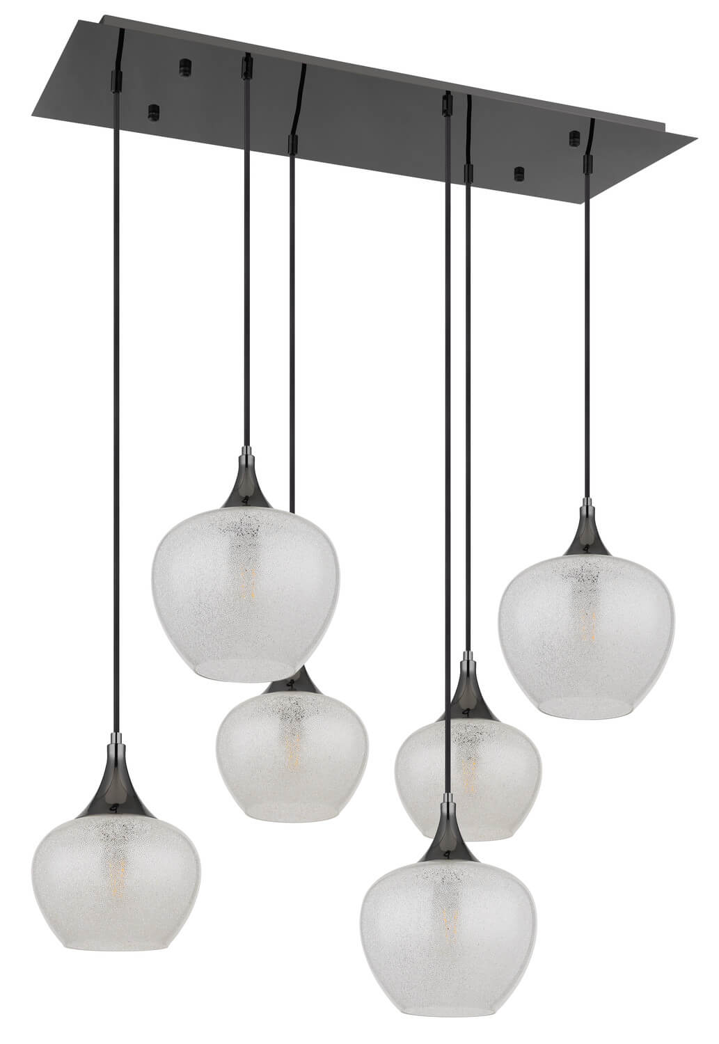 Suspension complète à six globes en verre transparent texturé et structure noire