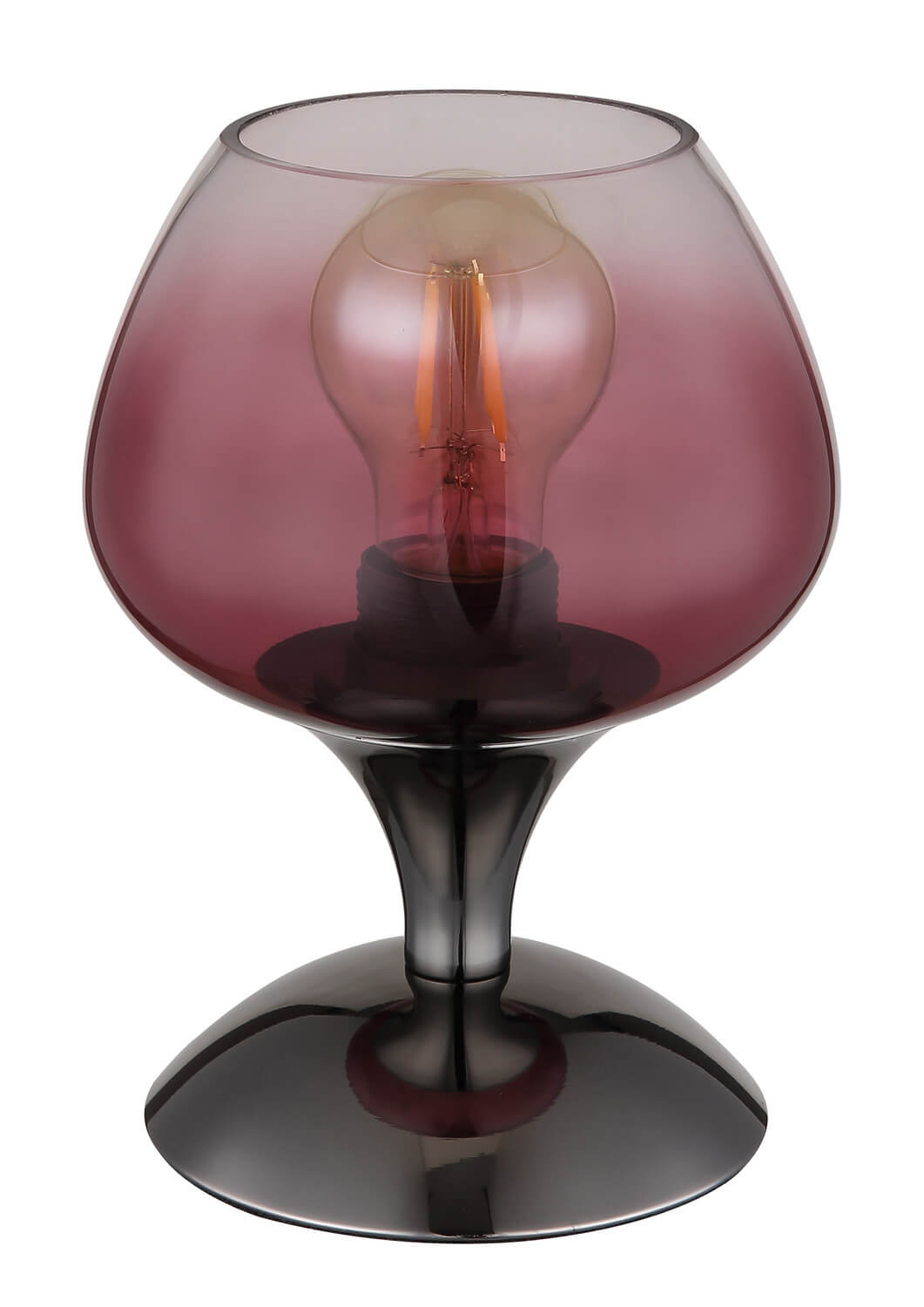 Détail du pied chromé noir et du verre coloré de la lampe