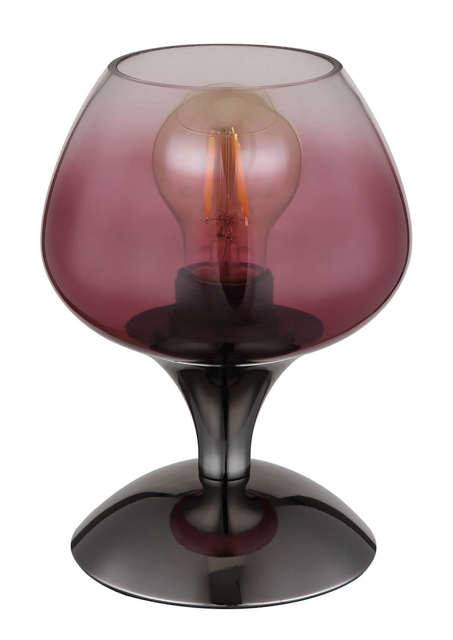 Détail du pied chromé noir et du verre coloré de la lampe