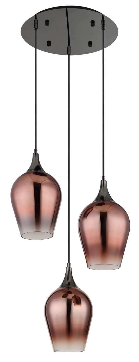 Vue de face des trois luminaires éteints, verre dégradé du rosé au transparent.