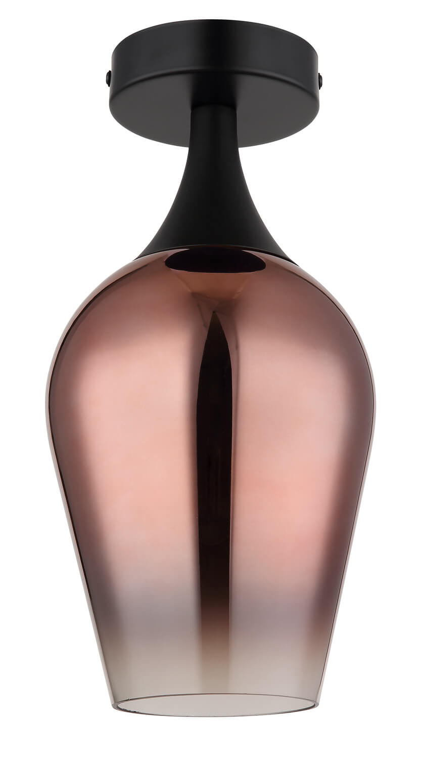 Vue de face du luminaire éteint, verre rosé transparent et reflets sur la surface