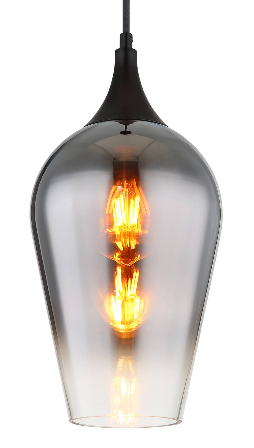 Détail rapproché de l'abat-jour en verre fumé avec l'ampoule filament allumée