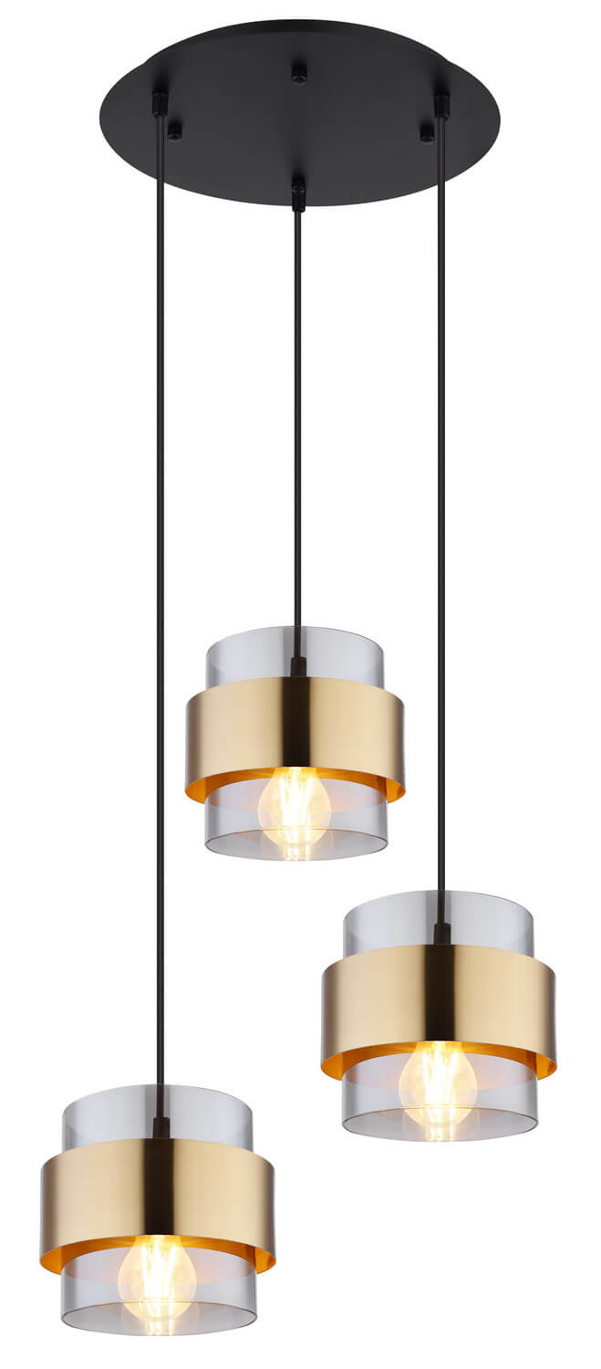 Vue de face du luminaire à trois suspensions noires, détails des cercles dorés