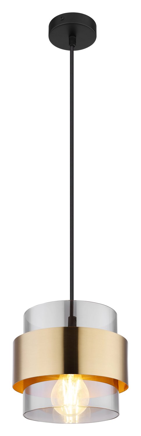 Vue entière du luminaire suspendu avec câble noir et abat-jour cylindrique.