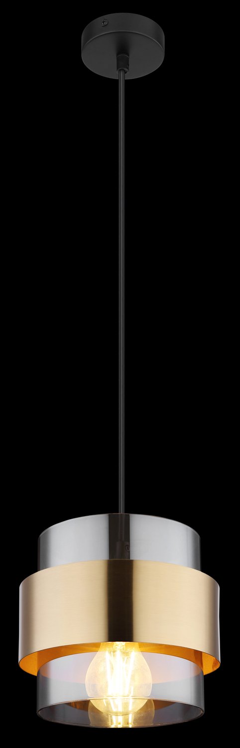 Suspension cylindrique noire et dorée présentée sur fond noir, éclairage allumé.