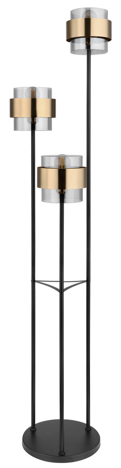 Silhouette complète du lampadaire, base ronde noire et trois bras de hauteurs différentes