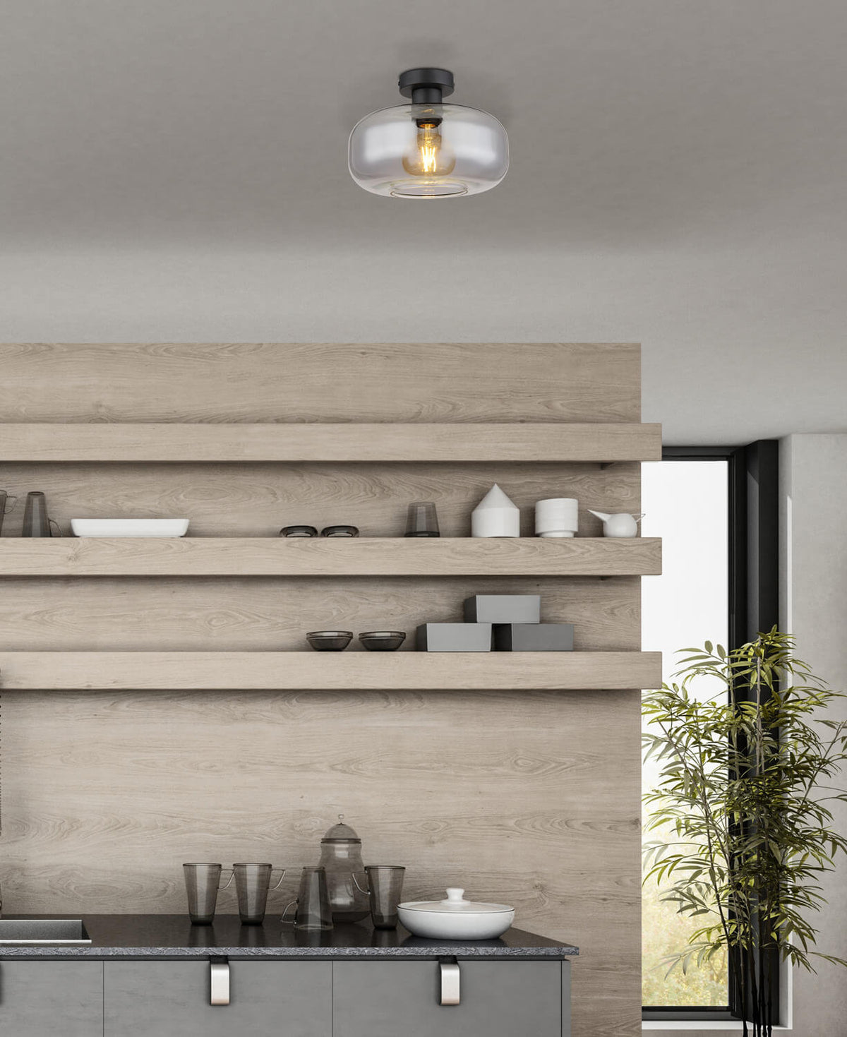Plafonnier fixé au plafond d'une cuisine moderne, étagères en bois clair et plante