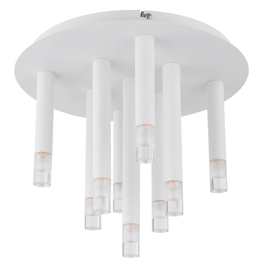 Détail du luminaire éteint montrant les diffuseurs cylindriques en verre clair