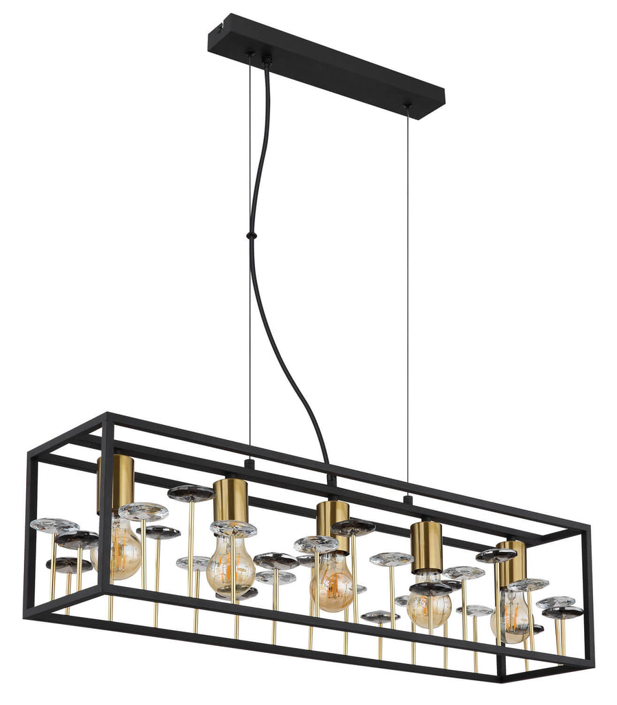 Vue de trois quarts du luminaire suspendu montrant la structure noire et les ampoules allumées.