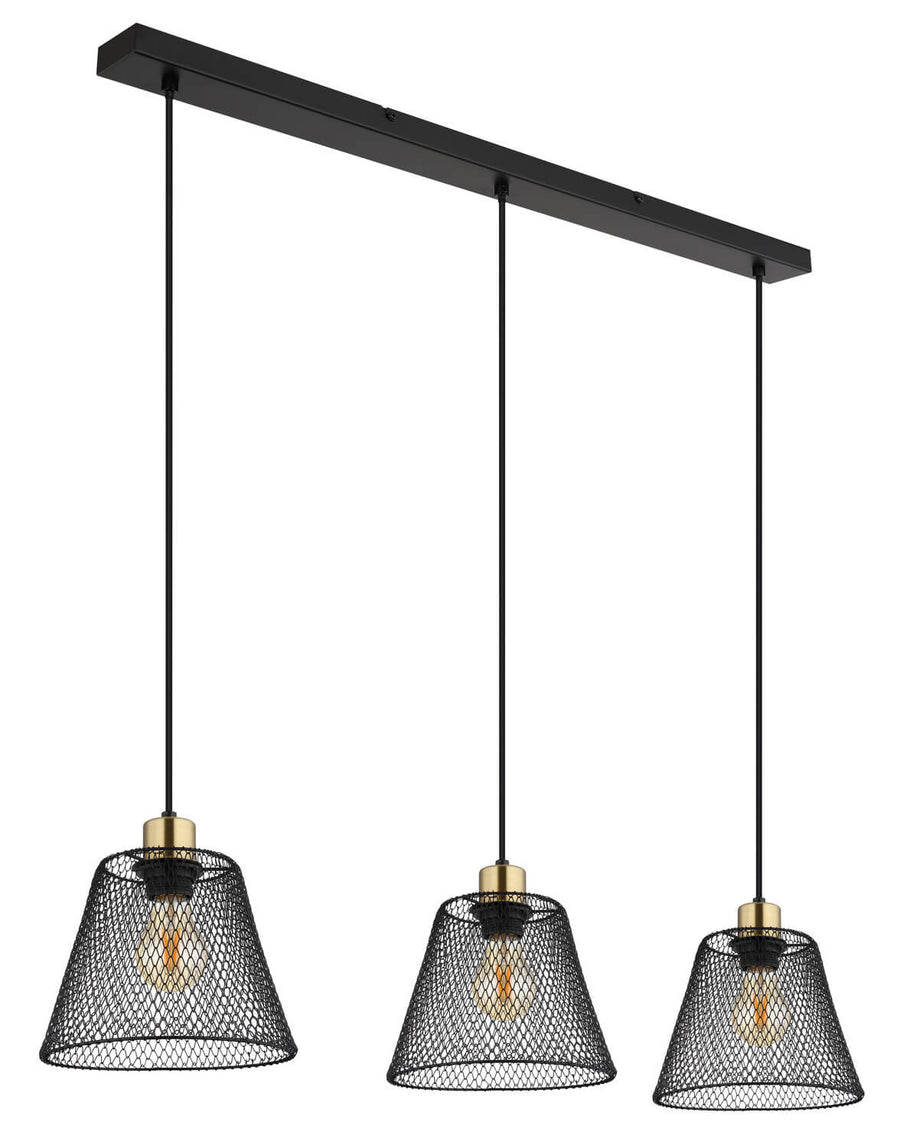 Vue de face du luminaire suspendu avec trois diffuseurs coniques en métal noir.