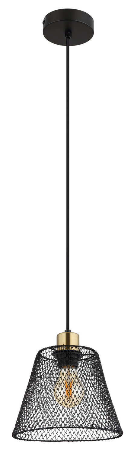 Plan large du luminaire suspendu avec son abat-jour en maille métallique noire et sa fixation.