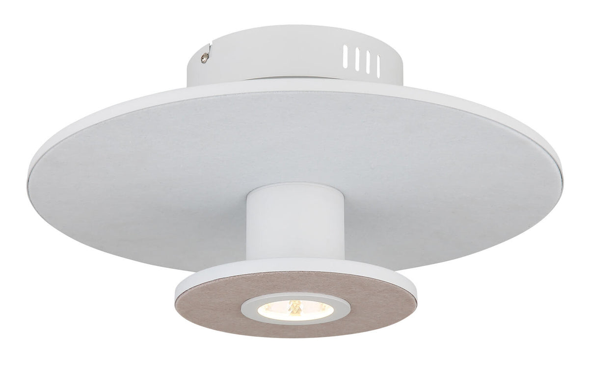 Détail rapproché du bas du luminaire avec sa bague beige et sa source allumée