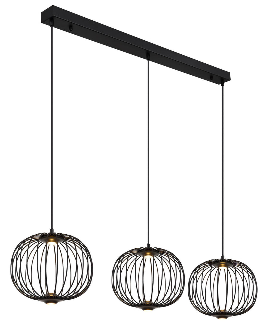 Suspension noire à trois cages sphériques en fil métallique, vue de face sur fond blanc