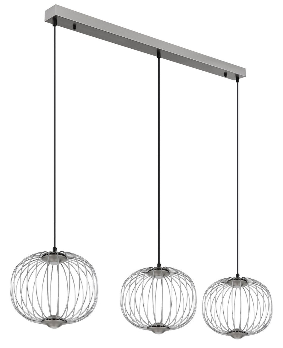 Vue en perspective du luminaire trois cages sphériques et barre de fixation nickel