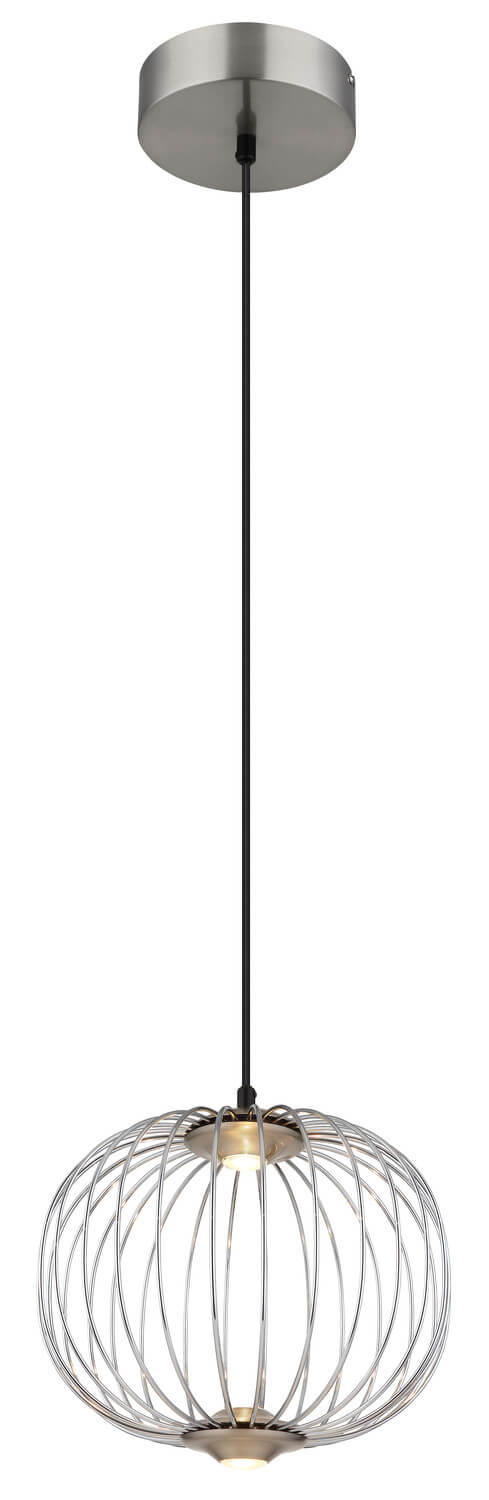 Vue rapprochée du luminaire suspendu, montrant la cage filaire et la douille centrale.