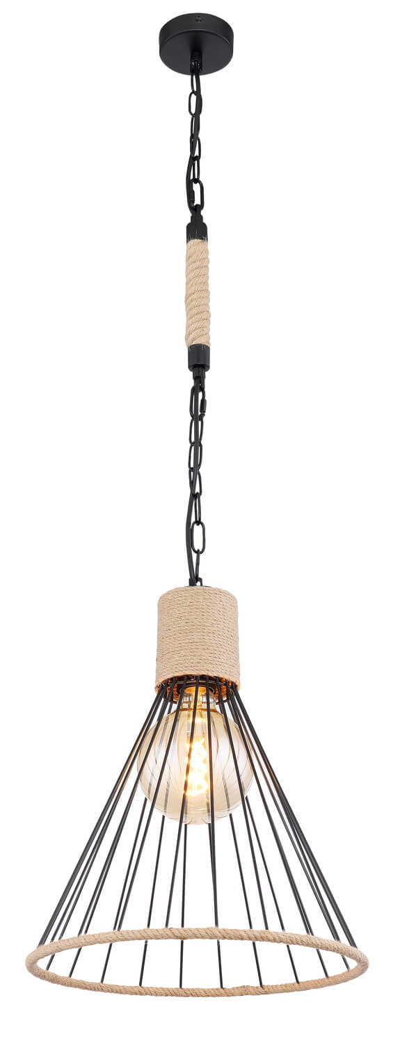 Vue en pied du luminaire suspendu, chaîne noire et cordage beige