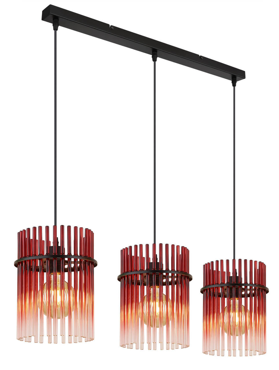 Suspension trois lumières de face sur fond blanc, tiges de verre rouge dégradé