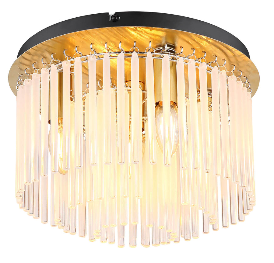Plafonnier doré vu de face avec ses tiges de verre transparent suspendues