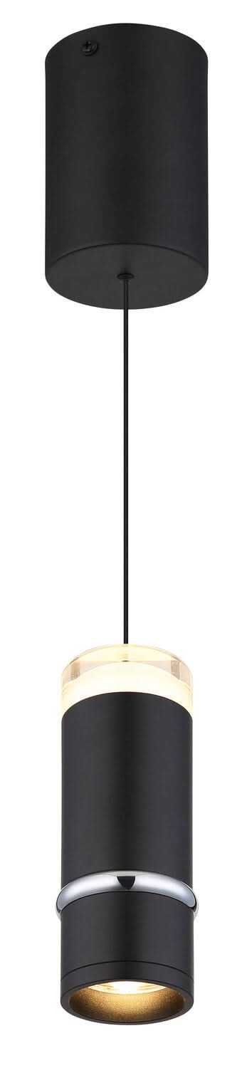 Vue d'ensemble de la suspension noire avec câble fin, corps cylindrique et sortie de lumière dorée.
