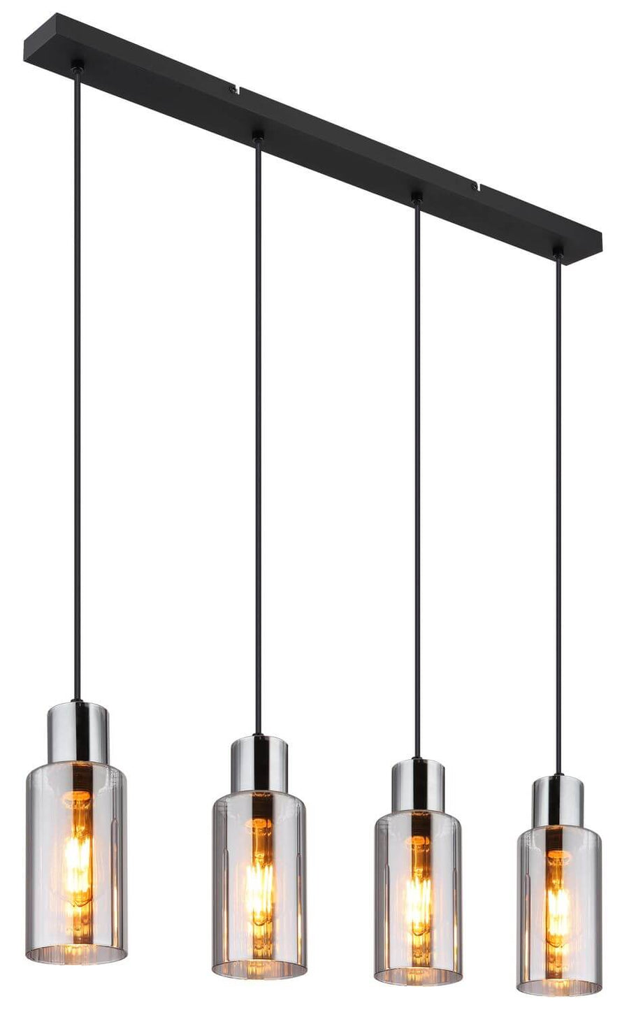 Vue de face du luminaire complet montrant ses quatre abat-jours cylindriques en verre transparent
