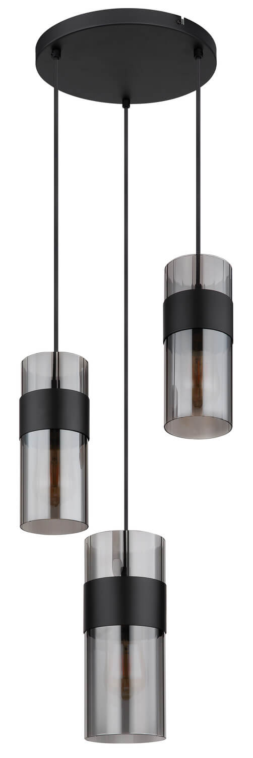 Vue produit éteinte, abat-jours cylindriques en verre fumé et rosace noire ronde