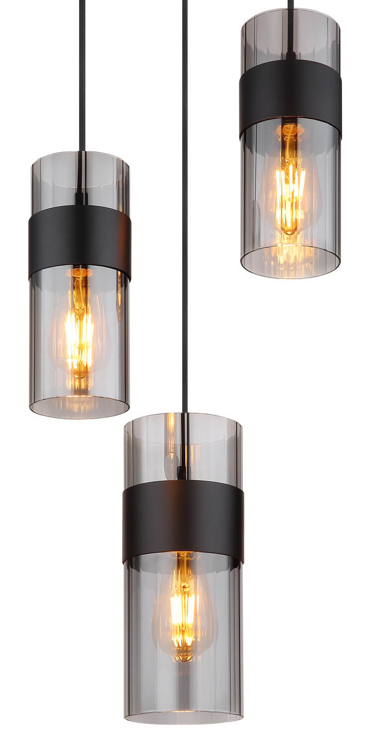 Détail rapproché d'un abat-jour cylindrique, douille noire et ampoule filament dorée