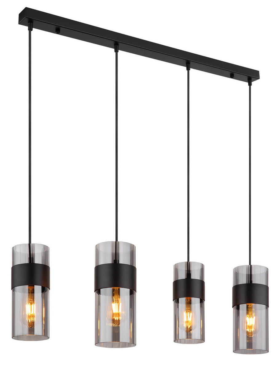 Luminaire suspendu noir à quatre cylindres de verre fumé, vue de face sur fond blanc