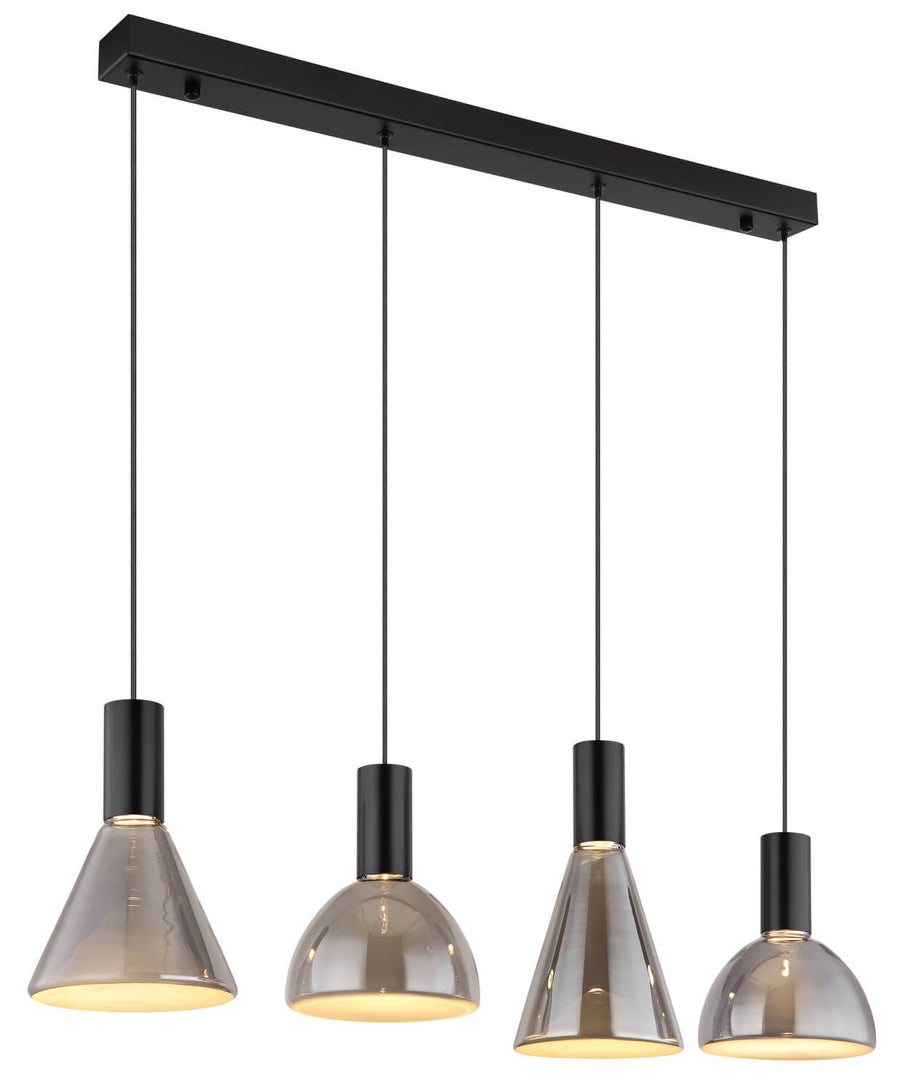 Vue de face de la suspension noire avec quatre abat-jours en verre fumé