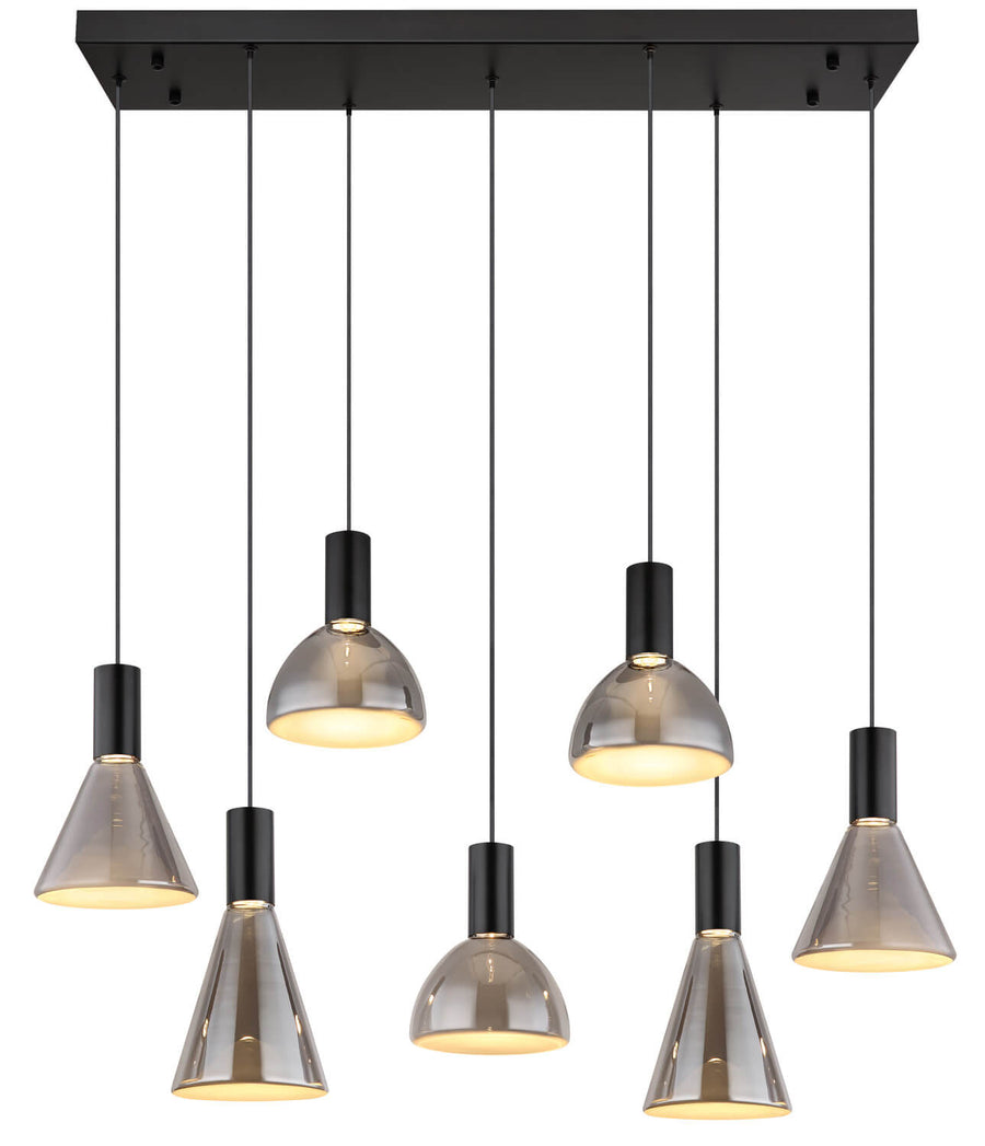 Produit de face sur fond blanc, six suspensions décalées en hauteur, verre fumé