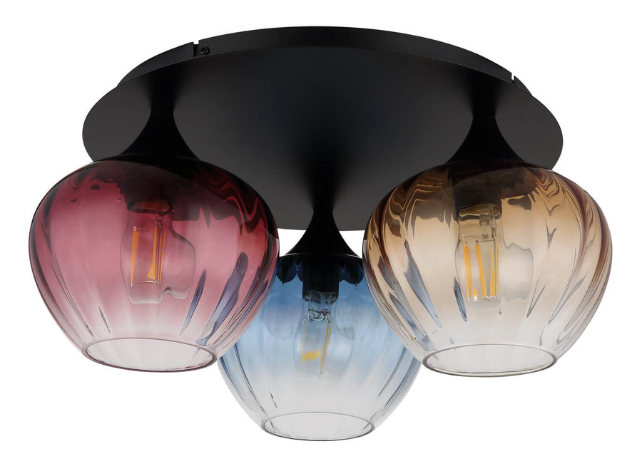 Détail des trois globes colorés transparents, verre strié et douilles noires