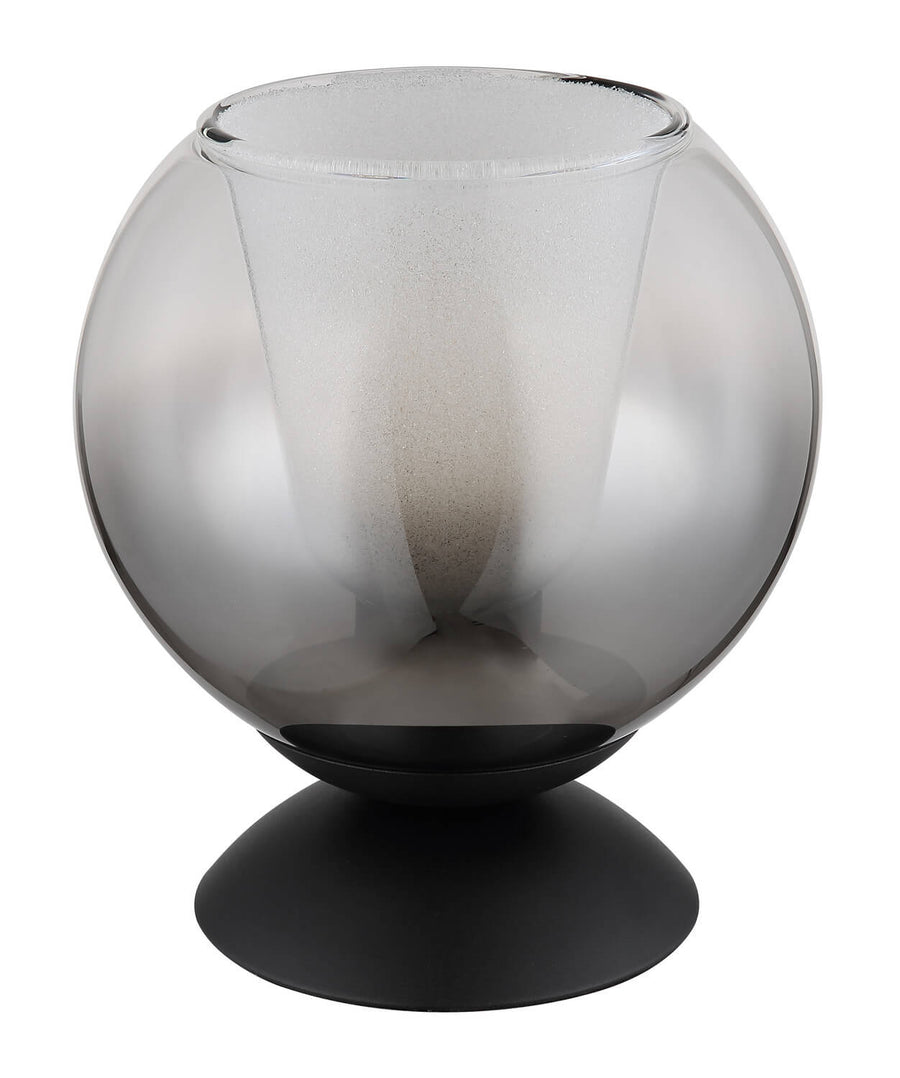 Vue du luminaire éteint, détail du verre fumé et du diffuseur intérieur dépoli