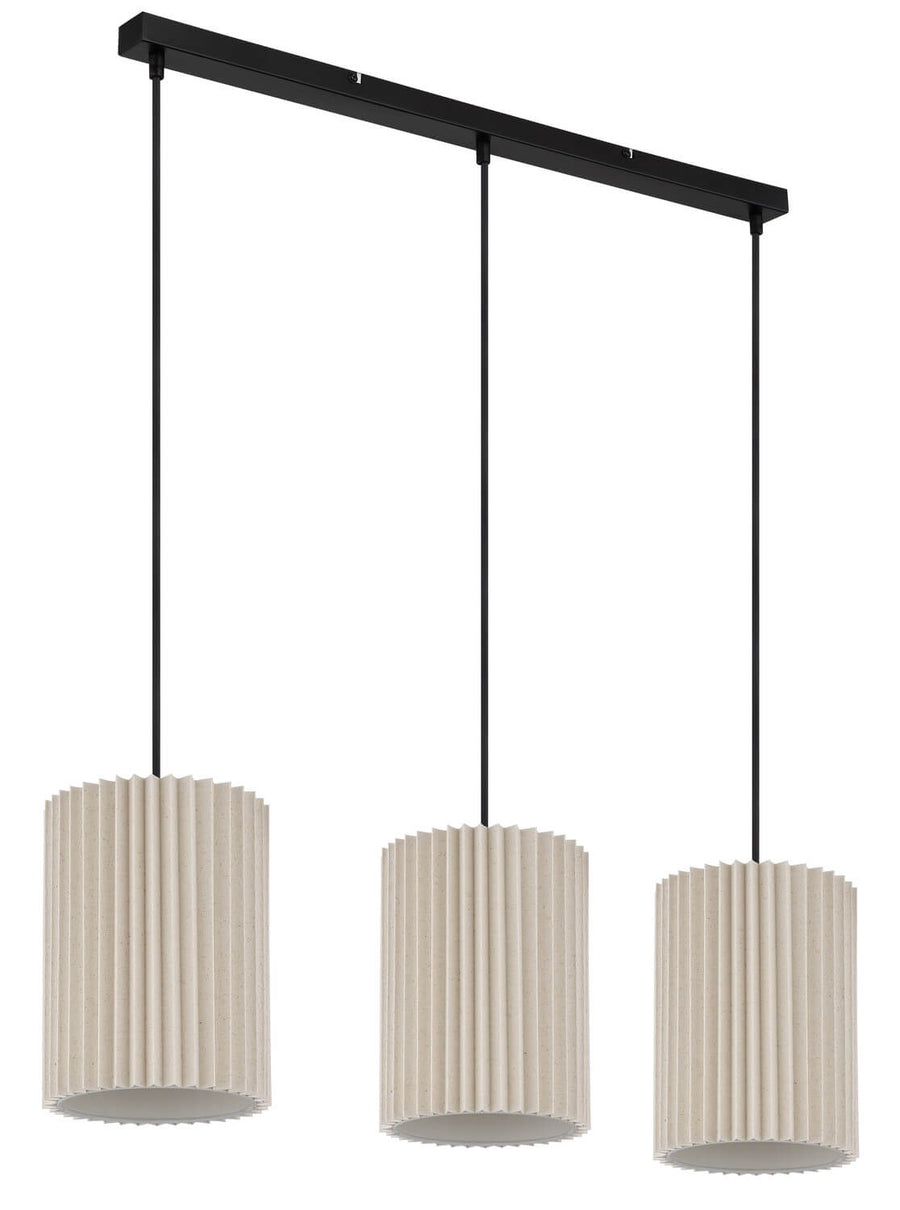 Produit éteint sur fond blanc, abat-jours plissés beige et structure métallique noire