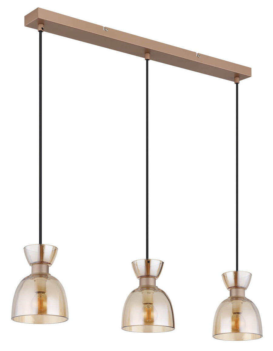 Vue de face du luminaire, barre rectangulaire beige et longs câbles noirs